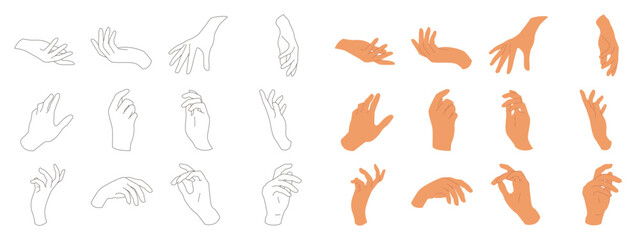 Various gestures of human hands isolated on a white background. Hand hold, Hand open and use Gel bottle or alcohol gel bottle, Vector design elements for infographic, ads, interactive and website.