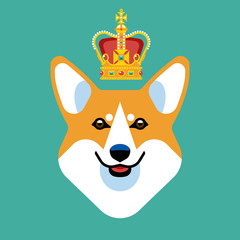 The head of a dog breed Corgi with the British crown. Stylish vector image of the animal.