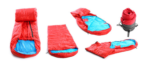 Set of red sleeping bags on white background. Banner design