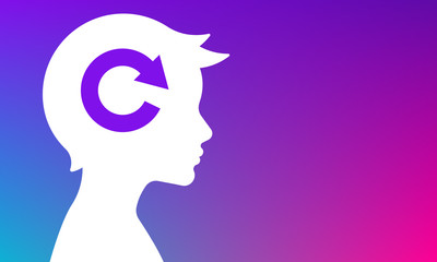 Silhouette of a boy head on a bright colorful background. In the head of a boy there is a sign of renewal or reload. Concept of problem solving, thinking, updating.
