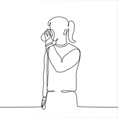 A girl stands and drinks a soft drink from a glass. One continuous line drawing of a woman in a sweater standing drinking water. Can be used for animation.