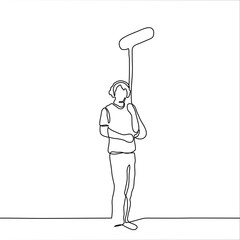 the sound engineer stands at full height in sound recording equipment. One continuous line of art man in full growth is engaged in recording live sound (conversation). Can be used for animation.