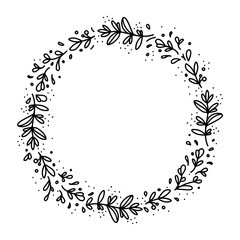 Wreath of hand drawn flowers and twigs. 