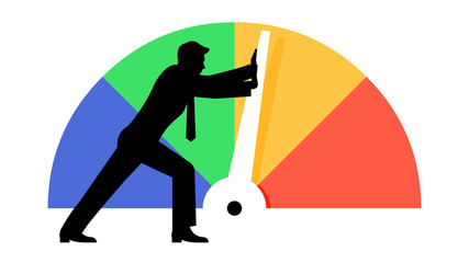 Critical situation concept. Danger score. Anti-crisis management. A man pushes a giant arrow on the speedometer. Vector illustration isolated.