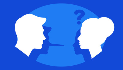A man lies to his wife or boss. Vector illustration: a woman asks a question, and a man answers with a lie. The concept of cheating, deception, mistrust.