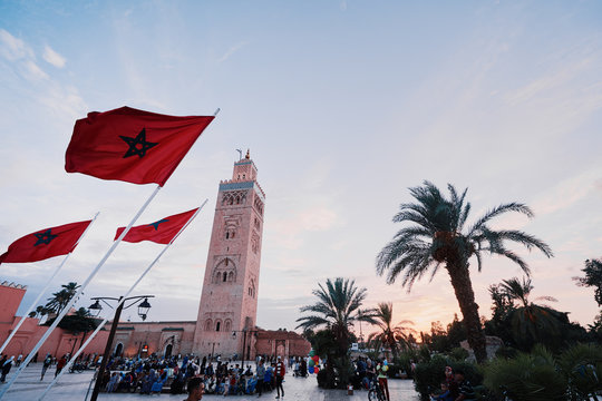 Busy square near Minaret de la Koutoubia Mosque, Marrakech, Morocco. 14th of October 2018.