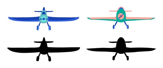 Set colored and black silhouette Airplane in doodle style isolated on white background. Set of agricultural aircraft vector outline