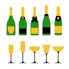 Set of different champagne bottles and glasses. Vector isolated.