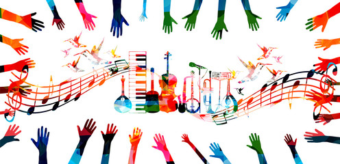 Colorful music promotional poster with hands, music instruments and notes isolated vector illustration. Artistic background for live concert events, music show and festival, party flyer design  © abstract