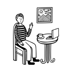 Young man sitting in cafe. Hand drawn vector character. Part of set.