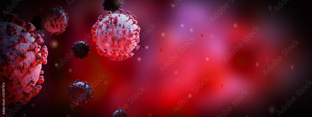 Poster microscopic close-up of the covid-19 disease. coronavirus illness spreading in body cell. 2019-ncov 