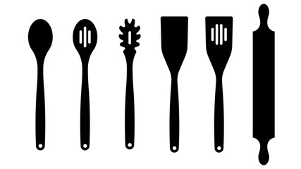 KITCHEN UTENSILS: baking spatula, skimmer spoon, scraper, serving and spaghetti spoon, rolling pin, vegetable wood spoon, spatula. Wooden kitchen accessories.