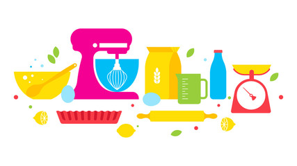 Kitchen and cooking. Set of kitchen utensils for cooking. Ingredients: flour, milk, pastries, dough, eggs, kitchen recipes. Colorful Vector elements for the kitchen. Trend style.