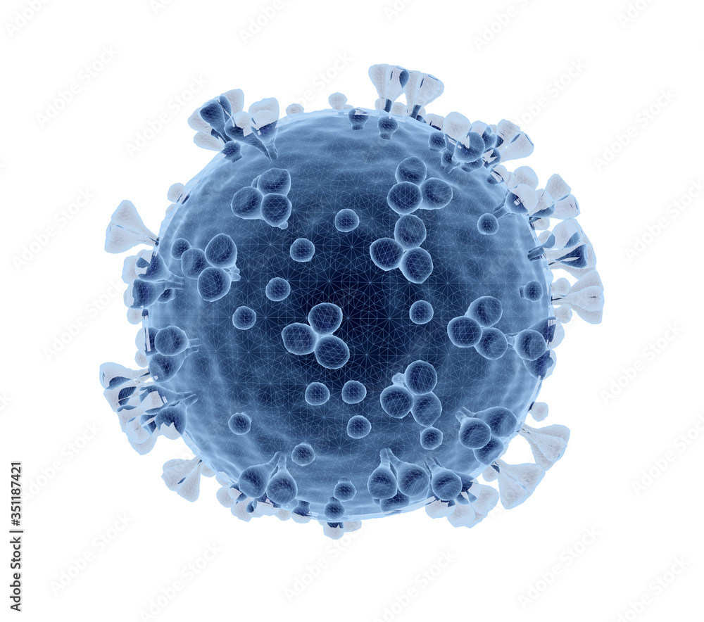Poster 3D rendering of the coronavirus on a microscopic level isolated on white background. Microscope close-up of the covid-19 disease. 2019-nCoV virus
