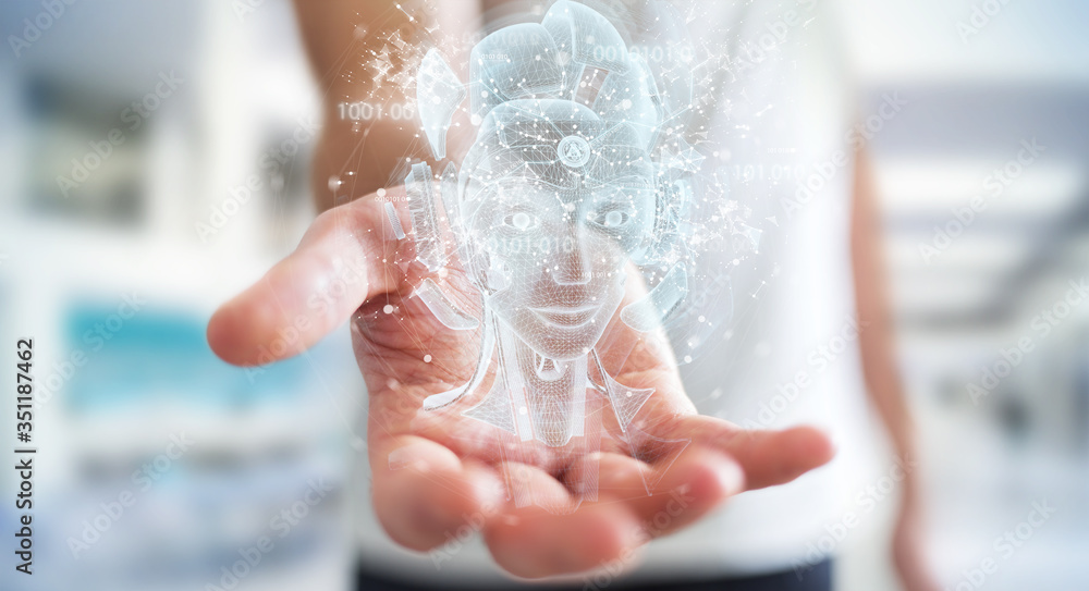 Poster man using digital artificial intelligence holographic projection 3d rendering