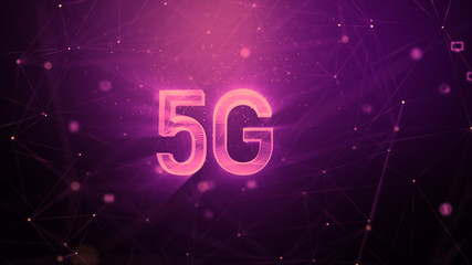 5G technology abstract background, with blur lighting particle and connection line, for cyber technology futuristic and communication concept, glitter and shallow depth of field effect