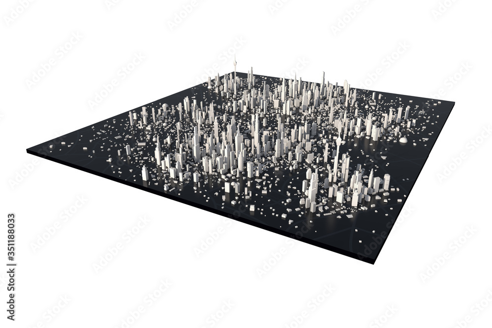 Poster aerial view 3d rendering white city, cityscape with building house and street with shallow depth of 