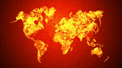 Dot world map against the grid with fractal noise background, for the futuristic concept, with lighting and glitter effect