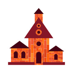 An old brick house with windows and a door on the foundation is isolated on a white background. Red and brown. Vector illustration for web design or print.