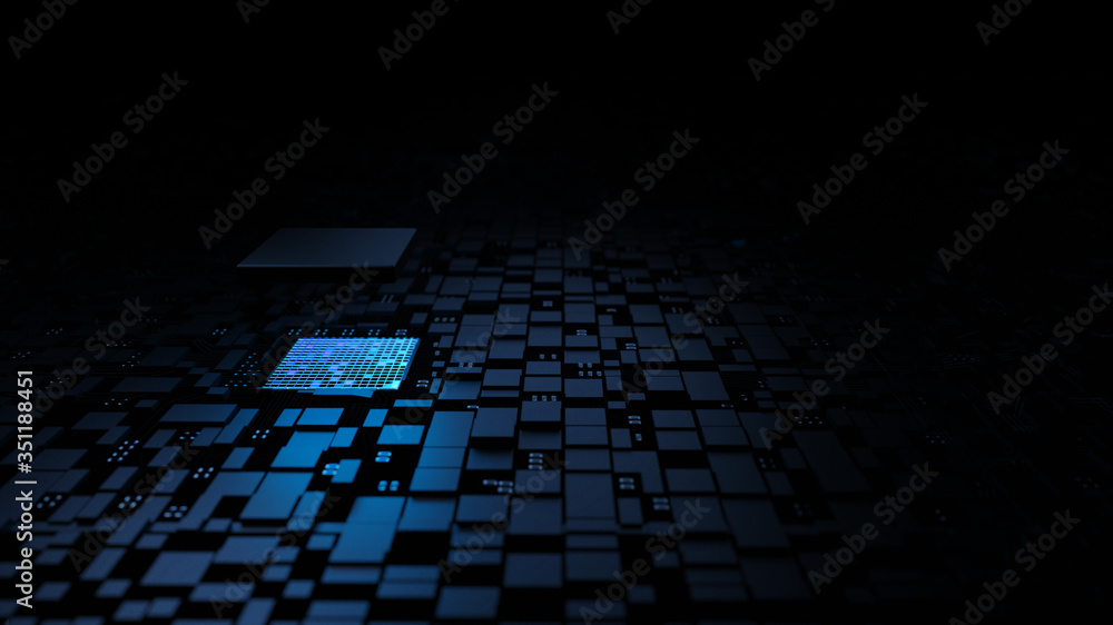 Poster Microprocessor chipset central processor unit on the illumination circuit computer mainboard. Cyber and futuristic concept, hardware, AI, electronics and technology, with copy space