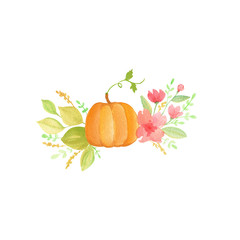Watercolor pumpkin in flowers illustration for cards and banners. Thanksgiving or Halloween decoration, seasonal autumn isolated element. Botanical motive in warm orange colors