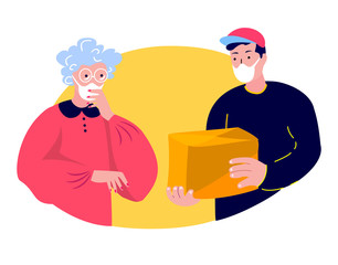 Deliveryman Deliver Purchase to Pensioner Old Woman in Medical Face Mask. Consumption Shopping.Buy Home,Receive Parcel,Delivery. Coronavirus Epidemic Quarantine.Dialog Service.Flat Vector Illustration