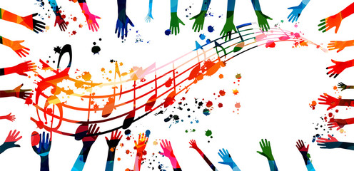 Music background with colorful G-clef, music notes and hands vector illustration design. Artistic music festival poster, live concert events, party flyer, music notes signs and symbols
