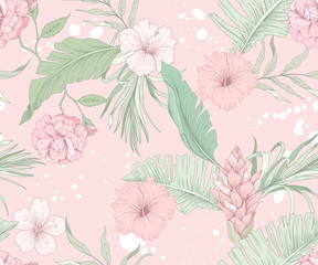 Seamless pattern with delicate pink flowers and palm leaves
