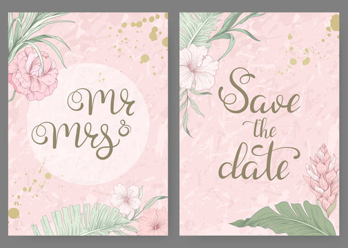Wedding invitation cards with tropical flowers and gold. Set of cards Save the date, Mr and Mrs