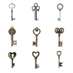 Set of different ornate keys on white background