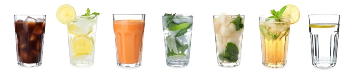 Set of different refreshing drinks on white background. Banner design
