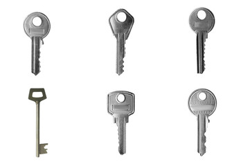 Set of modern steel keys on white background