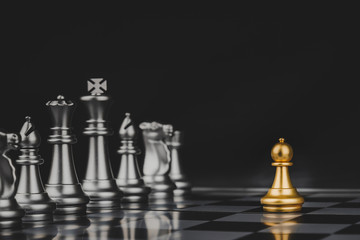 Employee. gold pawn chess with silver chess pawns pieces on chess board game competition on dark...