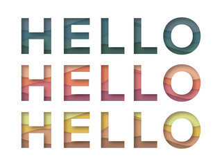 Hello paper cut quote design. Cute greeting banner, card, backdrop, wallpaper, print. White backdrop and bright letters