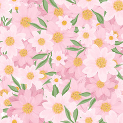 Pink chhrysanthemum chamomile seamless pattern. Hand drawn illustration. Premium design for fabric, bed linen, home textile, wrapping paper, wallpaper, fashion, packaging