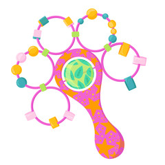 A rattle for a child with a space pattern. Pink music toy. Vector illustration for a newborn.
