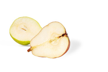Pears isolated. Half and whole juicy ripe conference grade pears isolated on white background