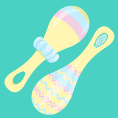 A set of rattles for the baby. Baby kit. Vector illustration. Illustration in pastel colors for a child. Maracas rattle. 