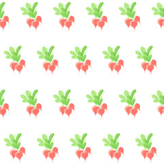 Radish hand drawn cute cartoon styled seamless pattern on white background. Top view seasonal farm healthy food. Diet ingredient. Perfect for kitchen textile, table clothes, fabric, wrapping designs