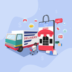 Shopping online concept for flat design, online trading for web page, website, template and background, vector illustration about shopping online