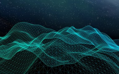 Abstract landscape on a dark background. Cyberspace grid. hi tech network. Outer space. Starry outer space texture. 3D illustration