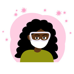 European African Woman in Face mask and Glasses Protect Herself from Viruses. Vector flat Illustration witn Coronavirus bacteria background for Profile Icon, Poster, Avatar.