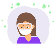 Girl Protect Herself from Viruses. Vector flat Illustration witn Coronavirus bacteria background for Profile Icon, Poster, Avatar. Young woman in face mask and glasses.