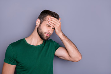 Photo of attractive handsome guy hold hand on forehead fever eyes closed grimacing caught cold...