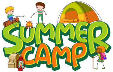 Sticker design for summer camp with many kids at the camp