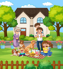 Obraz na płótnie Canvas Family picnic in fron of the yard