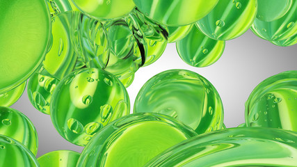 Naklejka na ściany i meble Green water drops. Abstract water with bubbles. 3D illustration