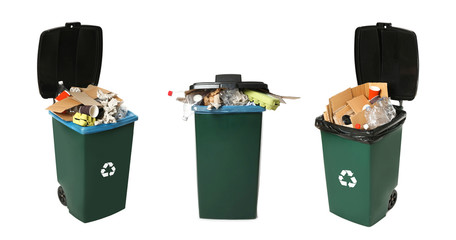 Set of trash bins with garbage on white background. Waste management and recycling - obrazy, fototapety, plakaty