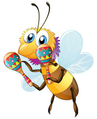 Cute bee cartoon character holding maracas on white background