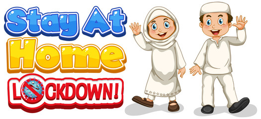 Font design for words stay at home with happy family members